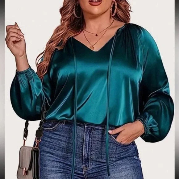 Luxe Satin Neck Tie Lantern Long sleeve Blouse - Picture 3 of 13